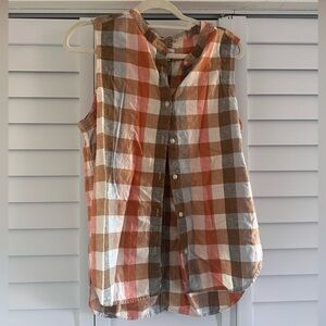 LL Bean Signature Linen Plaid Sleeveless Top in Brown, Cream & Rust Split Side